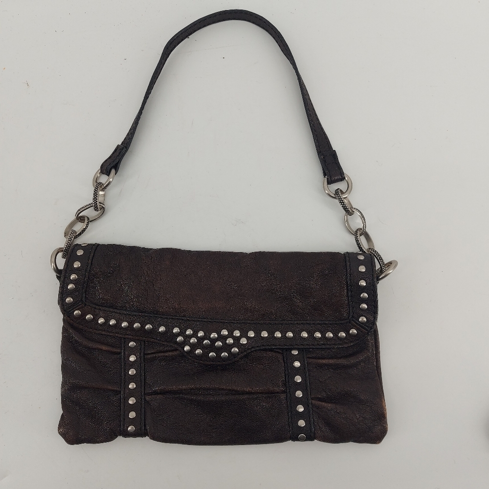 Fossil brown leather baguette shoulder bag silver accents